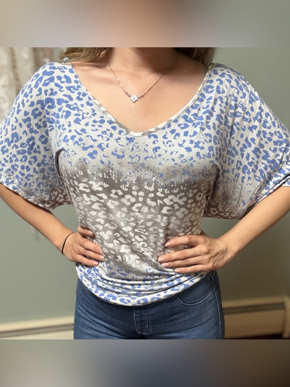 Juicy couture v-Neck Animal Print Dolman Sleeve Top in Blue and Gray